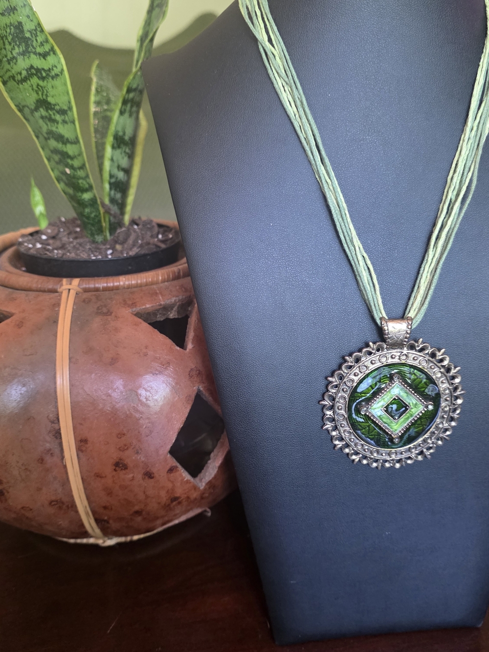 Green Glass Pendant Necklace with Ornate Metal Frame - Picture 5 of 10
